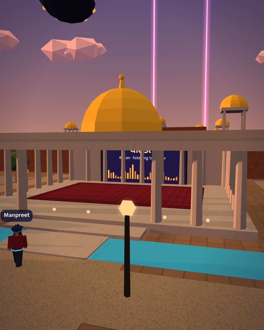 The Kirtan Hall at dusk