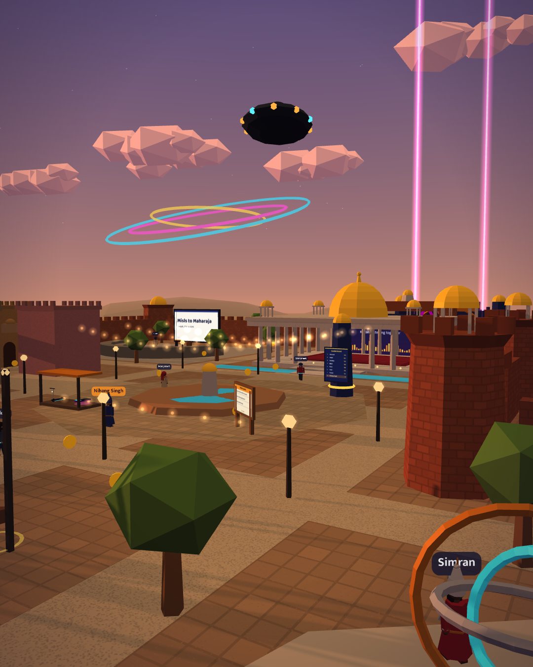 The central playa at dusk with art installations and airships overhead